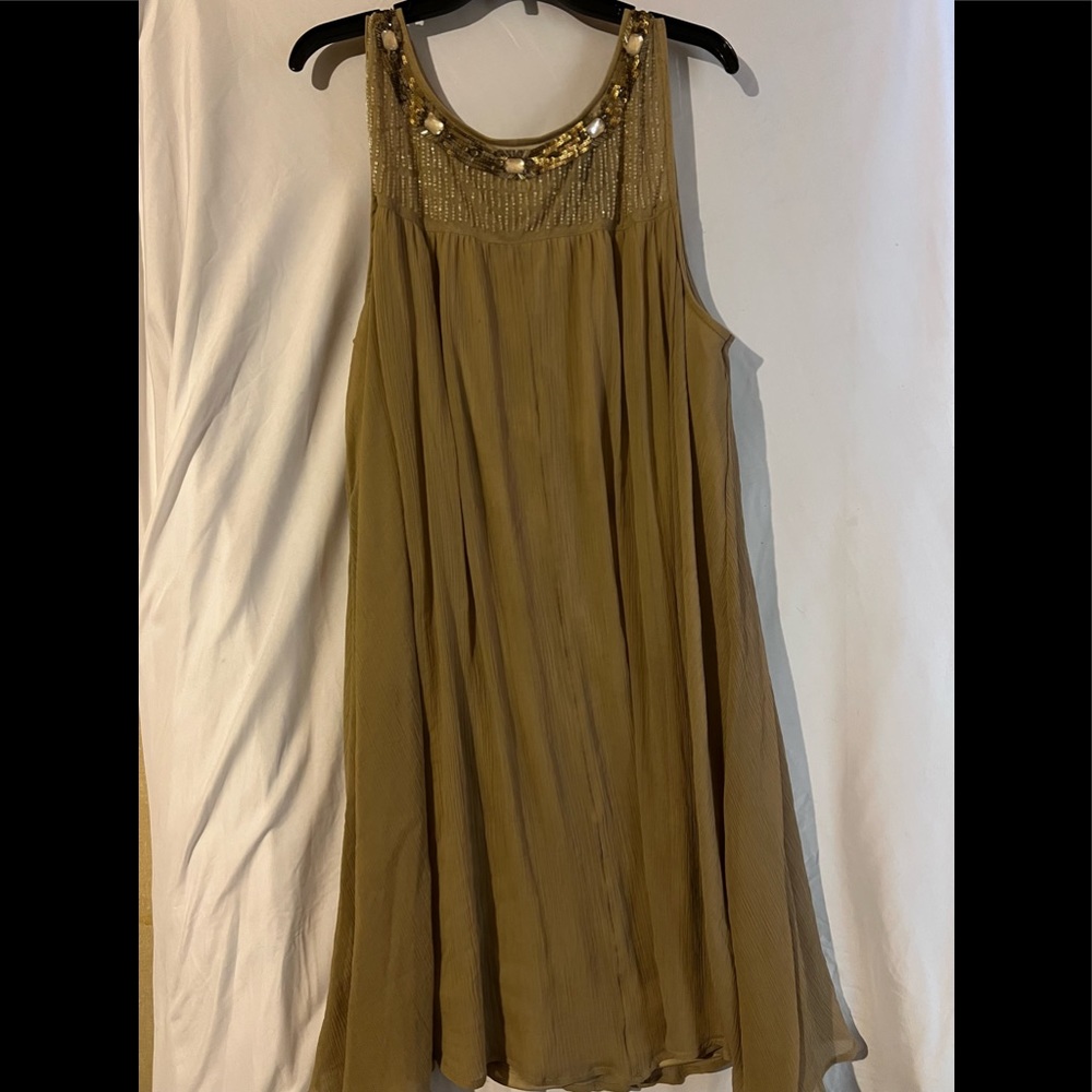 Lane Bryant taupe baby doll dress with beaded and sequin details. Size 26/28